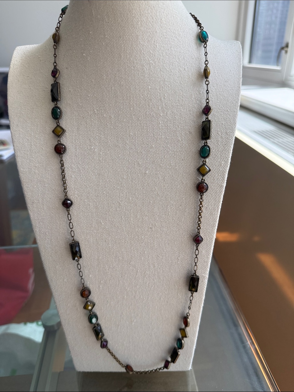 Vintage Avon “Spectrum” Multi Colored Bezel Set Station Necklace in Brass Chain.